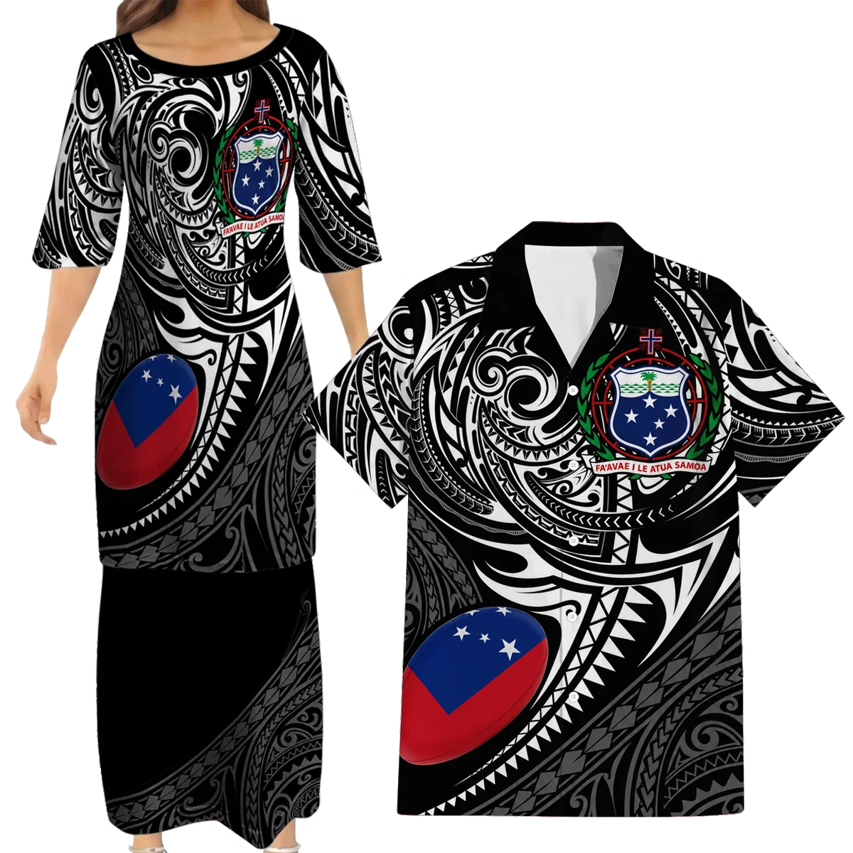 Samoa Rugby Outfit Matching Polynesian Tribal Pattern Dress And Hawaiian Shirt