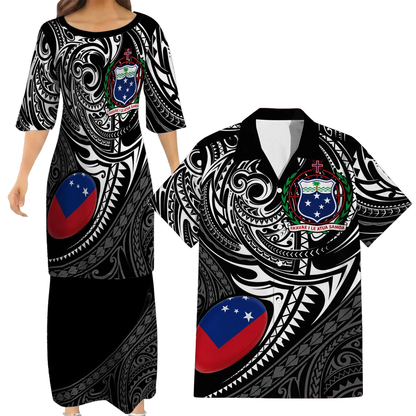 Samoa Rugby Outfit Matching Polynesian Tribal Pattern Dress And Hawaiian Shirt