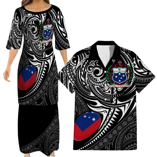 Samoa Rugby Outfit Matching Polynesian Tribal Pattern Dress And Hawaiian Shirt