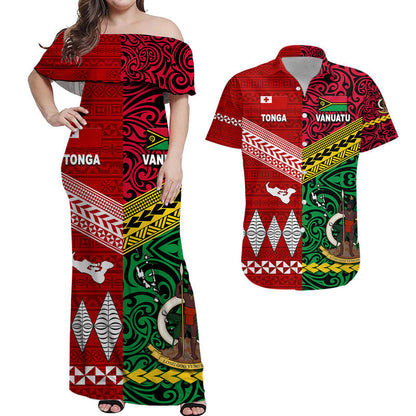 Vanuatu And Tonga Combo Dress and Hawaiian Shirt Matching Couples Outfit Polynesian Together Bright Red