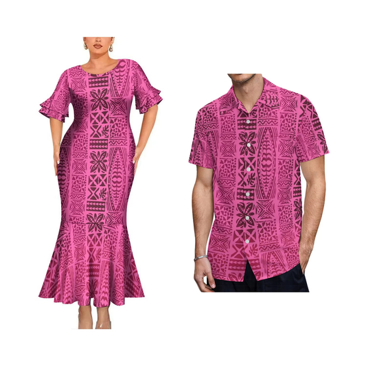 Geometric Polynesian Tribal Pink Matching Outfit For Couple Bodycon Mermaid Dress and Shirt