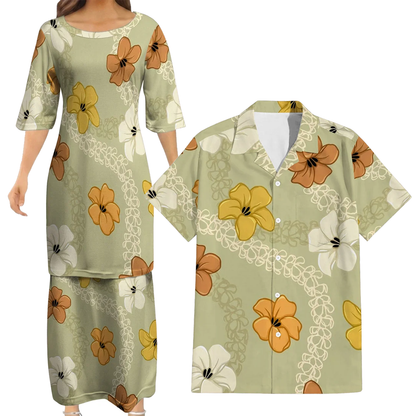 Puakenikeni Pikake Lei Curve Lei Flower Matching Outfit For Couple Island Green Puletasi Dress And Shirt
