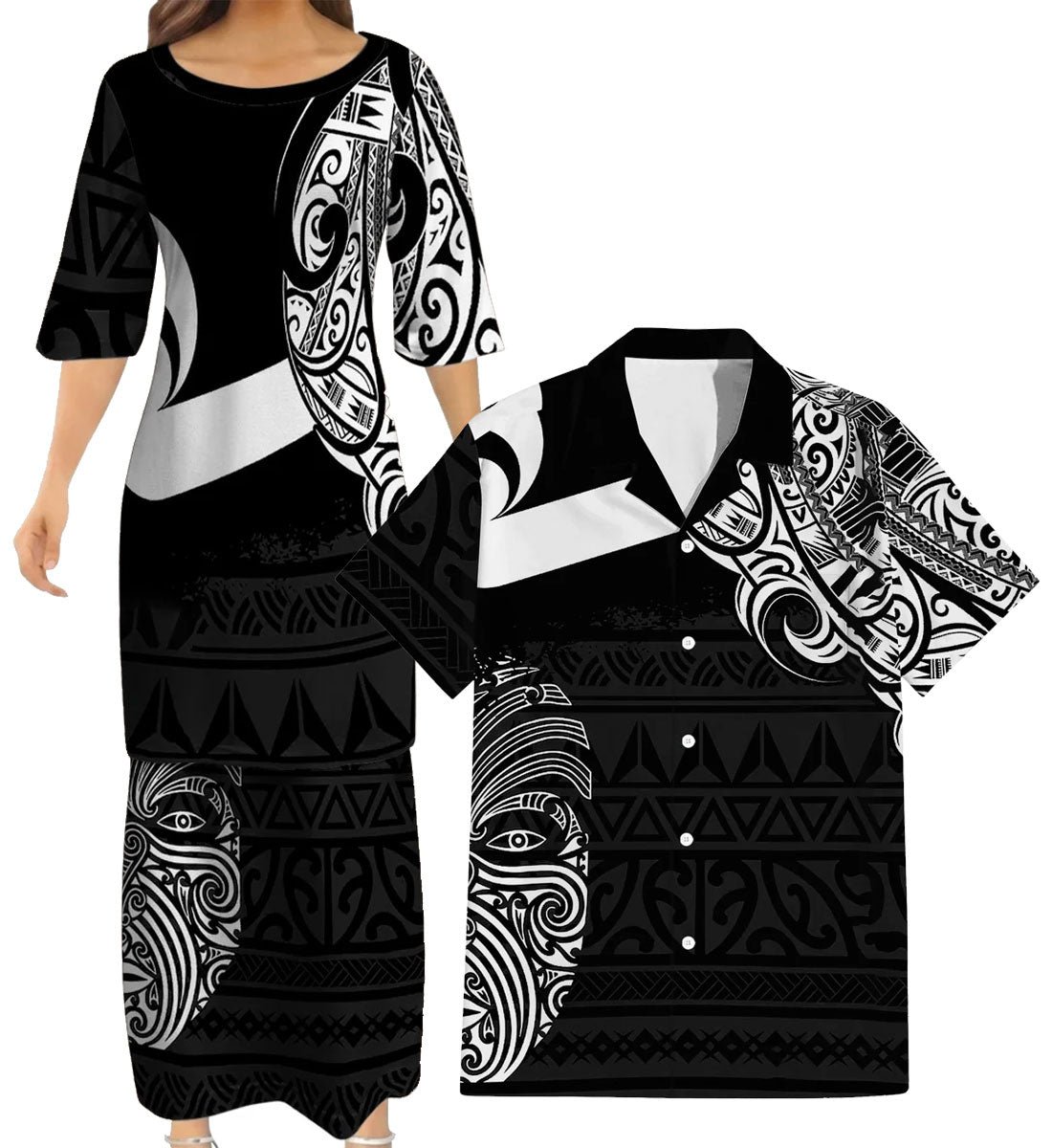 Polynesian New Zealand Matching Outfit For Couple Mask Puletasi Dress And Hawaiian Shirt For Her Him