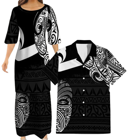 Polynesian New Zealand Matching Outfit For Couple Mask Puletasi Dress And Hawaiian Shirt For Her Him