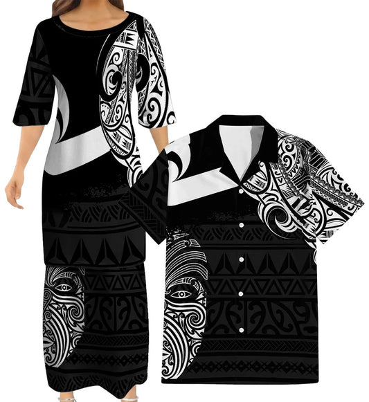 Polynesian New Zealand Matching Outfit For Couple Mask Puletasi Dress And Hawaiian Shirt For Her Him