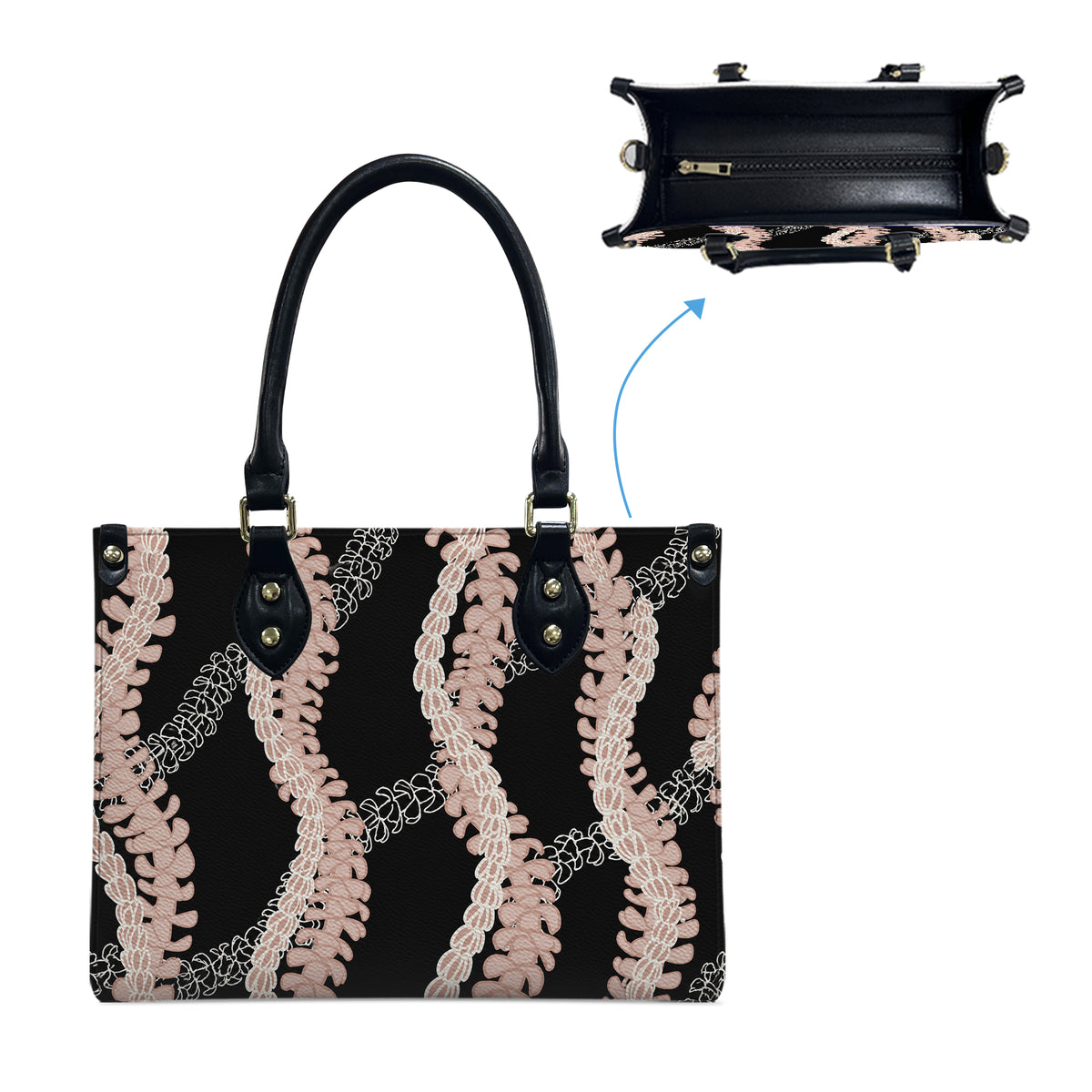 Tropical Puakenikeni Hawaiian Flower Lei Leather Black Handbag Gift For Her
