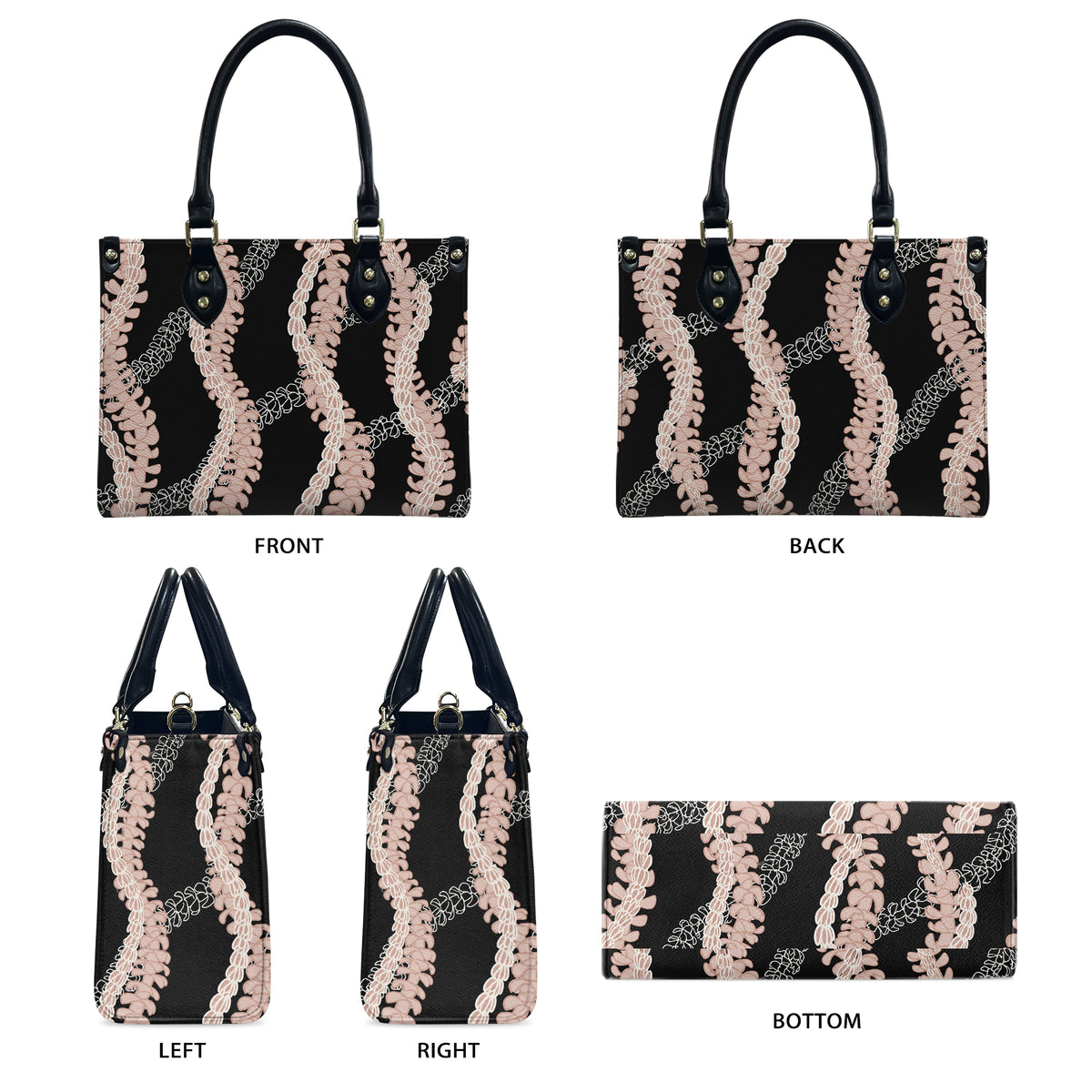 Tropical Puakenikeni Hawaiian Flower Lei Leather Black Handbag Gift For Her