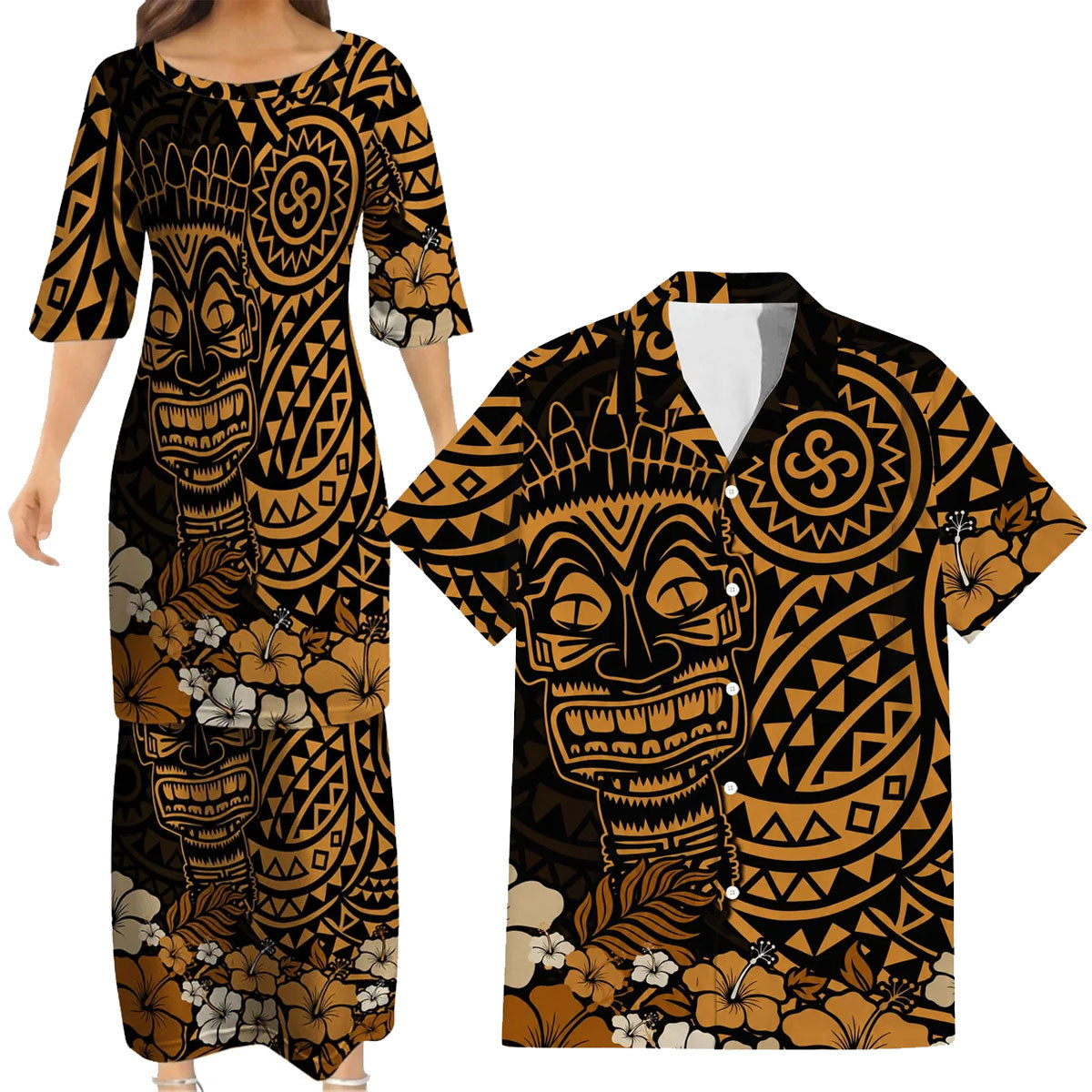 Polynesian Flowers Tiki Mask Pattern Matching Outfit For Couple Island Puletasi Dress And Hawaiian Shirt For Her Him