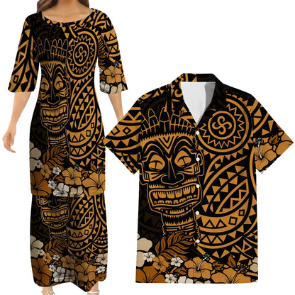 Polynesian Flowers Tiki Mask Pattern Matching Outfit For Couple Island Puletasi Dress And Hawaiian Shirt For Her Him