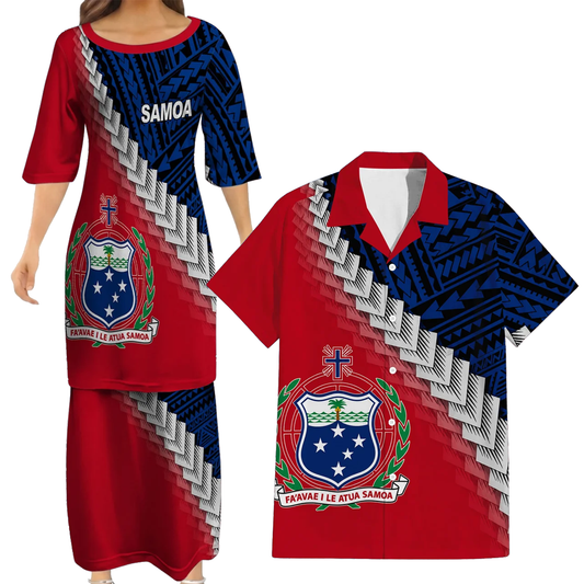 Samoa Coat Of Arms Outfit Matching Polynesian Tribal Pattern Dress And Hawaiian Shirt