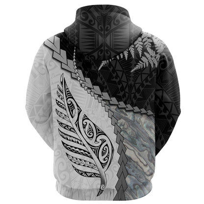 Custom Text  Paua Shell Maori Silver Fern Zip Hoodie White