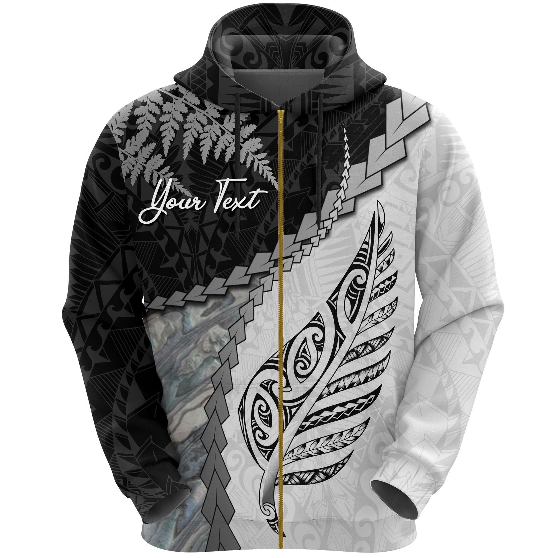 Custom Text  Paua Shell Maori Silver Fern Zip Hoodie White