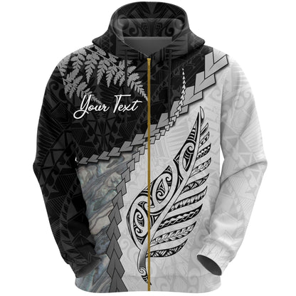 Custom Text  Paua Shell Maori Silver Fern Zip Hoodie White