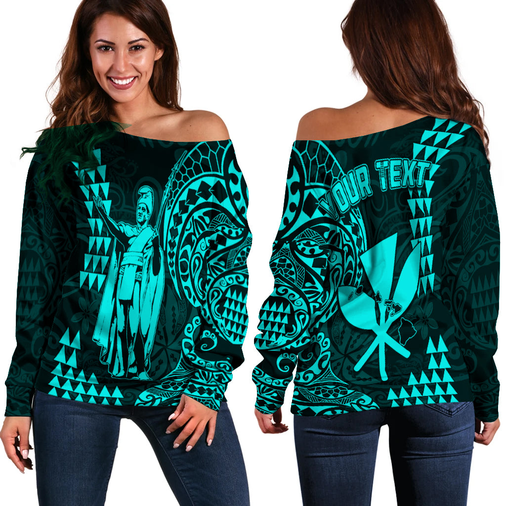 (Custom Personalised) Hawaii Day Kakau Off Shoulder Sweater Proud To Be Hawaiian Turquoise King Kamehameha and Kanaka Maoli