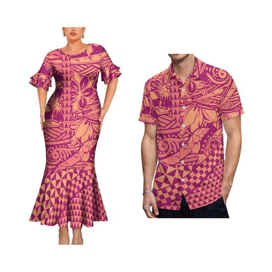 Polynesian Tribal Flowers Pattern Couple Matching Outfit Women Crew Neck Mermaid Dress and Shirt