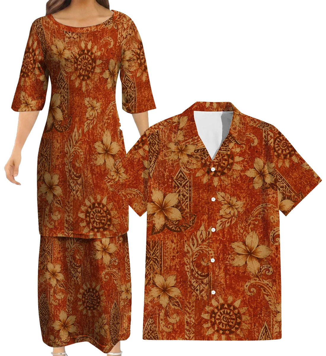 Polynesian Tribal Vintage Flowers Pattern Matching Outfit For Couple Tropical Puletasi Dress And Hawaiian Shirt For Her Him