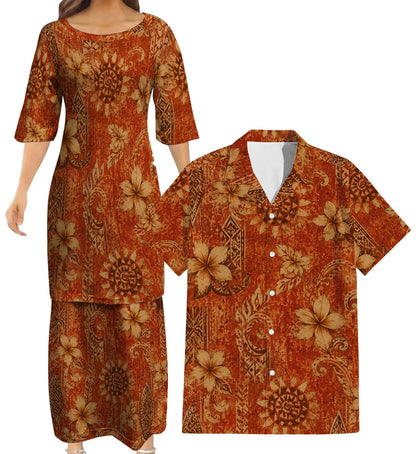 Polynesian Tribal Vintage Flowers Pattern Matching Outfit For Couple Tropical Puletasi Dress And Hawaiian Shirt For Her Him