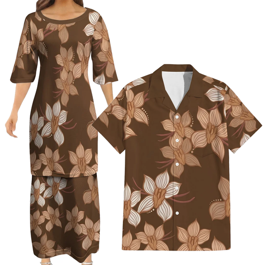 Puakenikeni Pikake Lei Curve Lei Flower Matching Outfit For Couple Island Vintage Brown Puletasi Dress And Shirt
