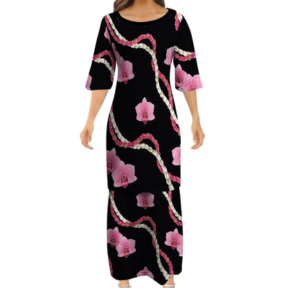 Puakenikeni Pikake Lei Curve Lei Flower Matching Outfit For Couple Polynesian Black Puletasi Dress And Shirt