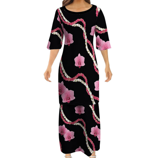 Puakenikeni Pikake Lei Curve Lei Flower Matching Outfit For Couple Polynesian Black Puletasi Dress And Shirt