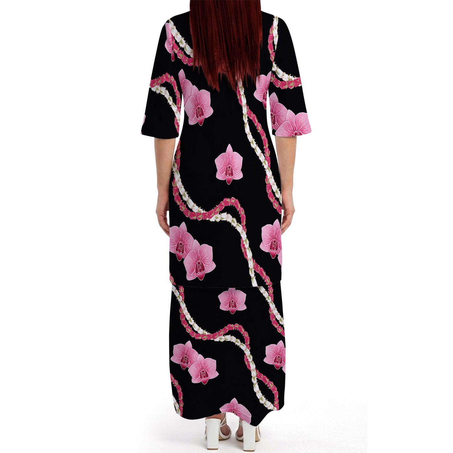 Puakenikeni Pikake Lei Curve Lei Flower Matching Outfit For Couple Polynesian Black Puletasi Dress And Shirt