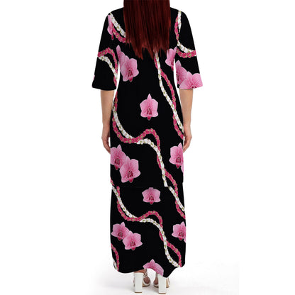 Puakenikeni Pikake Lei Curve Lei Flower Matching Outfit For Couple Polynesian Black Puletasi Dress And Shirt