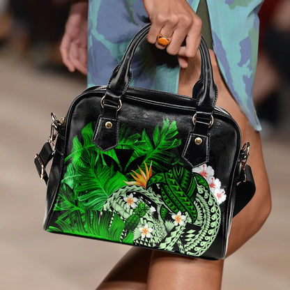 Kanaka Maoli Hawaiian Shoulder Handbag, Polynesian Pineapple Banana Leaves Turtle Tattoo Green