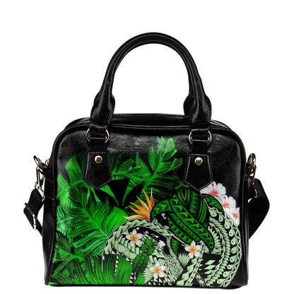 Kanaka Maoli Hawaiian Shoulder Handbag, Polynesian Pineapple Banana Leaves Turtle Tattoo Green