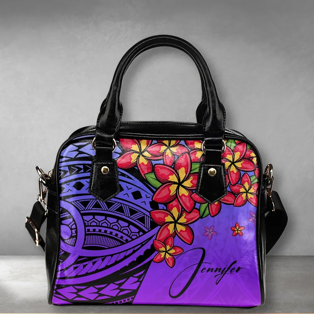 Custom Polynesian Plumeria Purple Shoulder Handbag Personal Signature