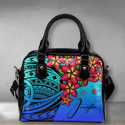 Custom Polynesian Plumeria Blue Shoulder Handbag Personal Signature