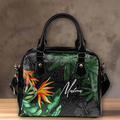 Custom Polynesian Shoulder Handbag Banana Palm Leaves And Coconut Tree Personal Signature
