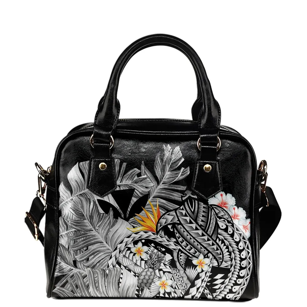 Kanaka Maoli Hawaiian Shoulder Handbag, Polynesian Pineapple Banana Leaves Turtle Tattoo Gray