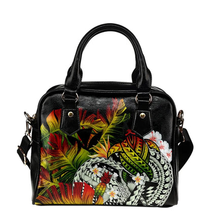 Kanaka Maoli Hawaiian Shoulder Handbag, Polynesian Pineapple Banana Leaves Turtle Tattoo Reggae
