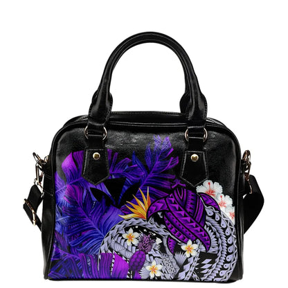 Kanaka Maoli Hawaiian Shoulder Handbag, Polynesian Pineapple Banana Leaves Turtle Tattoo Purple