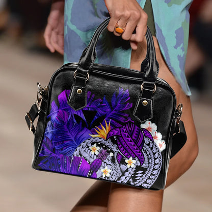 Kanaka Maoli Hawaiian Shoulder Handbag, Polynesian Pineapple Banana Leaves Turtle Tattoo Purple