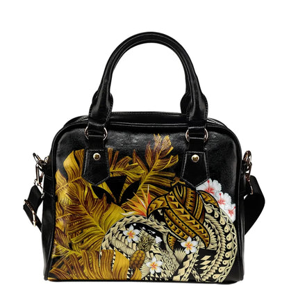 Kanaka Maoli Hawaiian Shoulder Handbag, Polynesian Pineapple Banana Leaves Turtle Tattoo Yellow