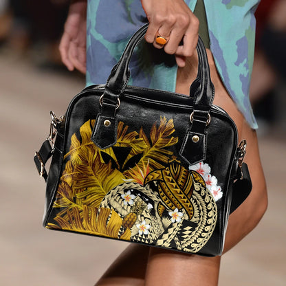 Kanaka Maoli Hawaiian Shoulder Handbag, Polynesian Pineapple Banana Leaves Turtle Tattoo Yellow
