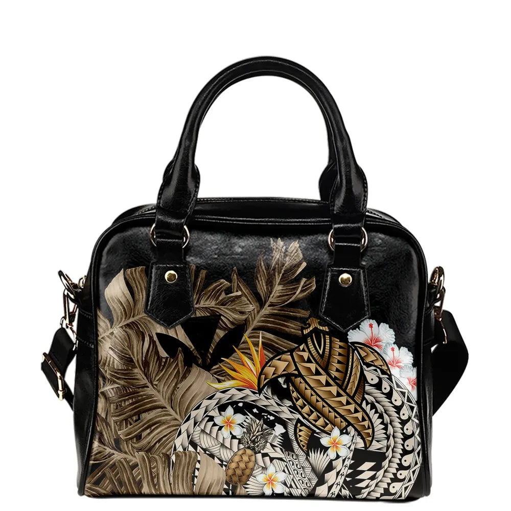 Kanaka Maoli Hawaiian Shoulder Handbag, Polynesian Pineapple Banana Leaves Turtle Tattoo Gold