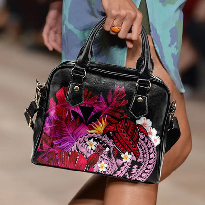 Kanaka Maoli Hawaiian Shoulder Handbag, Polynesian Pineapple Banana Leaves Turtle Tattoo Pink