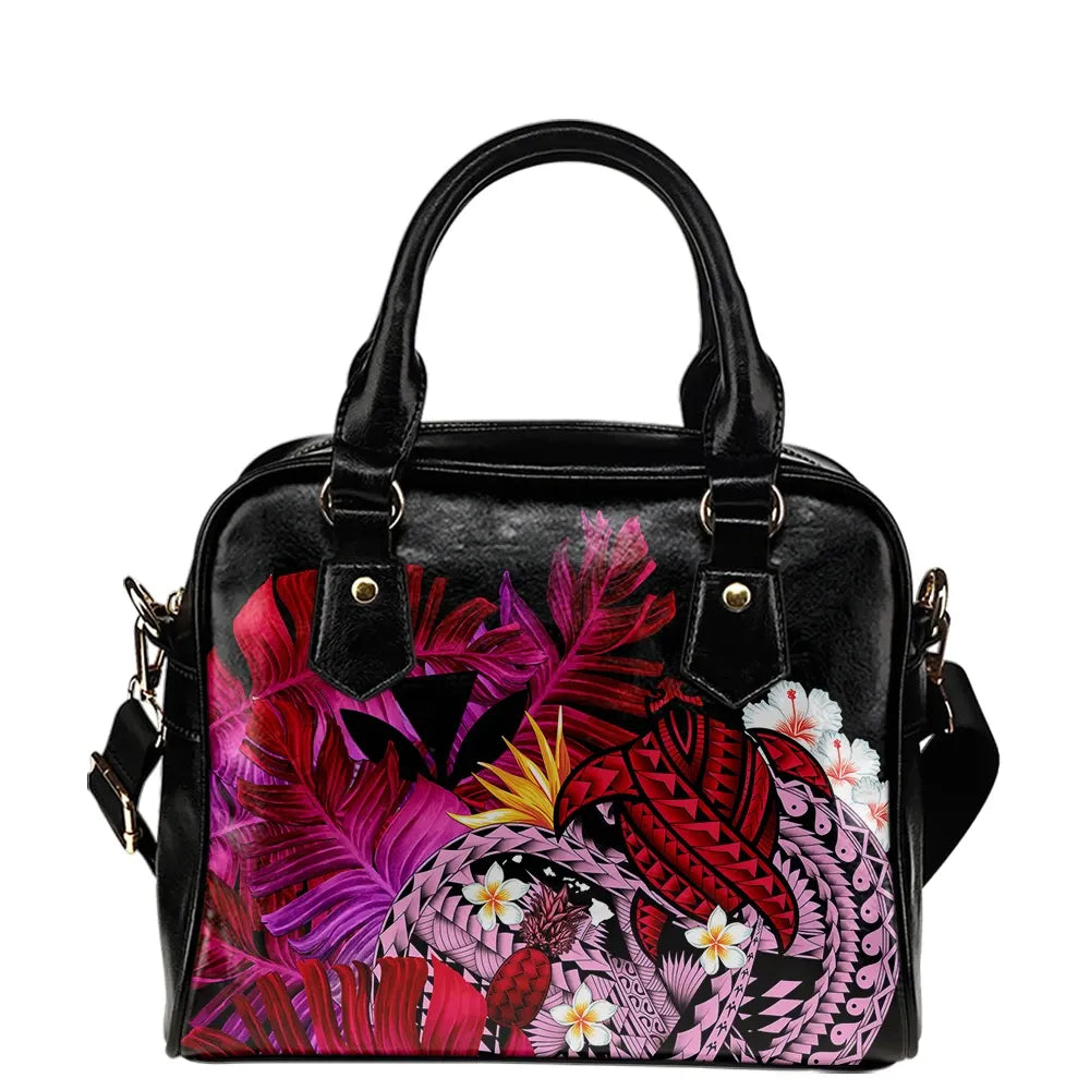 Kanaka Maoli Hawaiian Shoulder Handbag, Polynesian Pineapple Banana Leaves Turtle Tattoo Pink