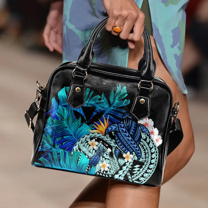 Kanaka Maoli Hawaiian Shoulder Handbag, Polynesian Pineapple Banana Leaves Turtle Tattoo Blue