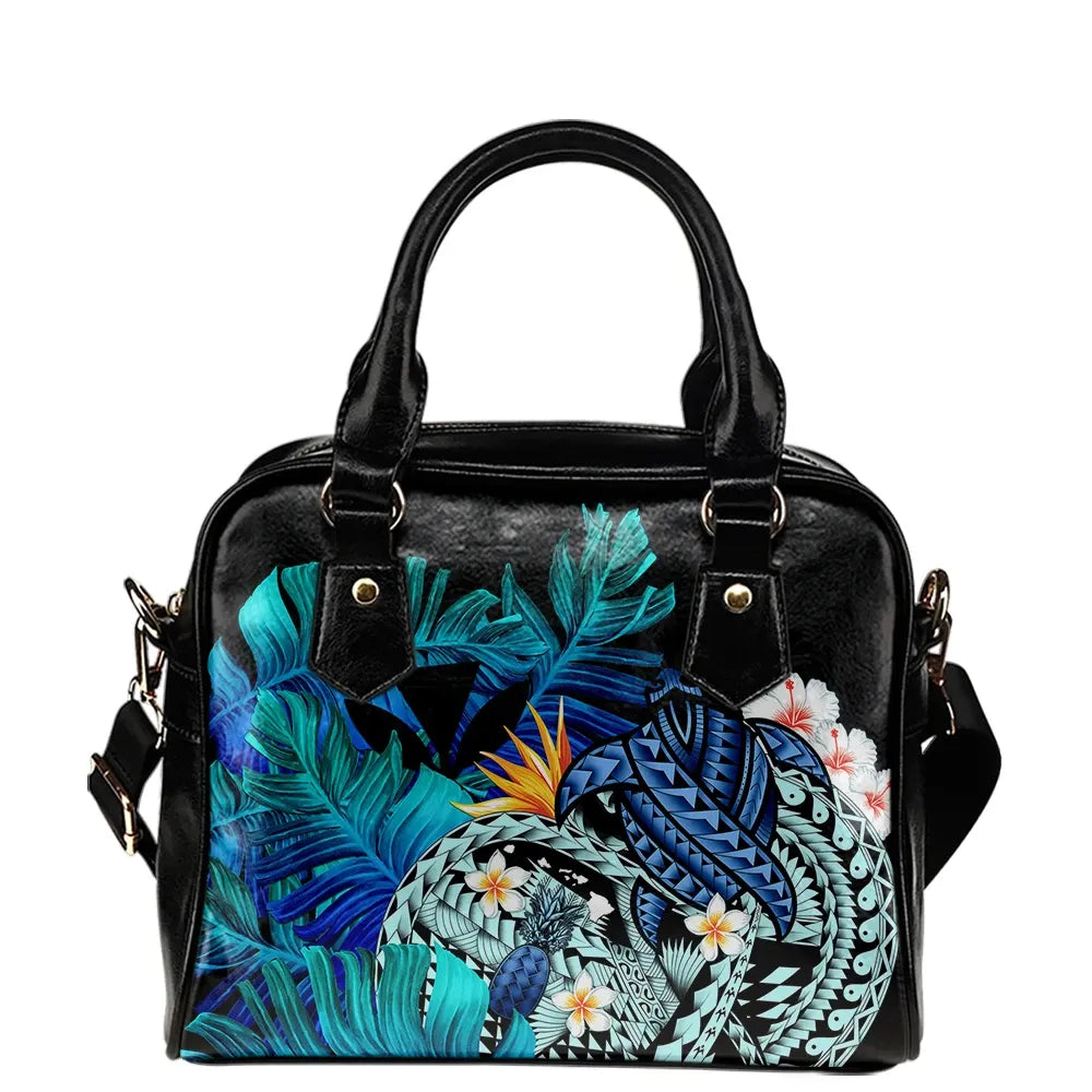 Kanaka Maoli Hawaiian Shoulder Handbag, Polynesian Pineapple Banana Leaves Turtle Tattoo Blue
