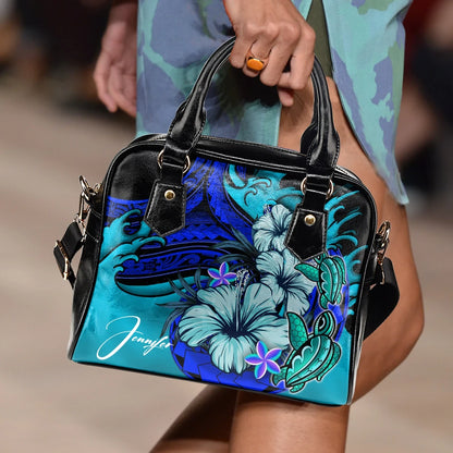 Custom Shoulder Handbag Wave Polynesian Turtle Hibiscus