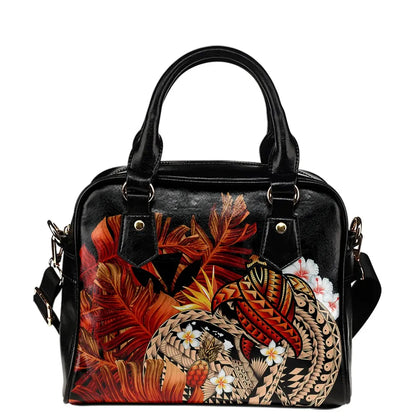 Kanaka Maoli Hawaiian Shoulder Handbag, Polynesian Pineapple Banana Leaves Turtle Tattoo Red