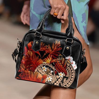 Kanaka Maoli Hawaiian Shoulder Handbag, Polynesian Pineapple Banana Leaves Turtle Tattoo Red