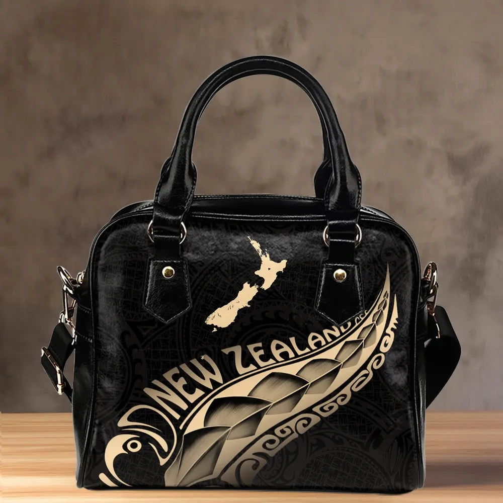 Aotearoa New Zealand Shoulder Handbag Maori Silver Fern Gold