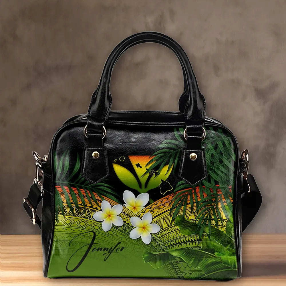 Custom Kanaka Maoli Hawaiian Shoulder Handbag, Polynesian Plumeria Banana Leaves Reggae Personal Signature