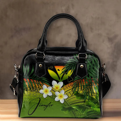 Custom Kanaka Maoli Hawaiian Shoulder Handbag, Polynesian Plumeria Banana Leaves Reggae Personal Signature