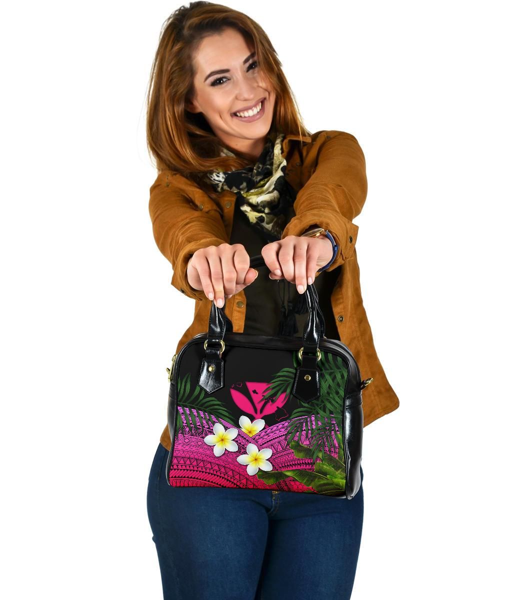 Kanaka Maoli Hawaiian Shoulder Handbag, Polynesian Plumeria Banana Leaves Pink