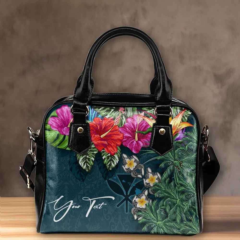 Custom Kanaka Maoli Hawaiian Shoulder Handbag Hibiscus Turtle Tattoo Blue Personal Signature
